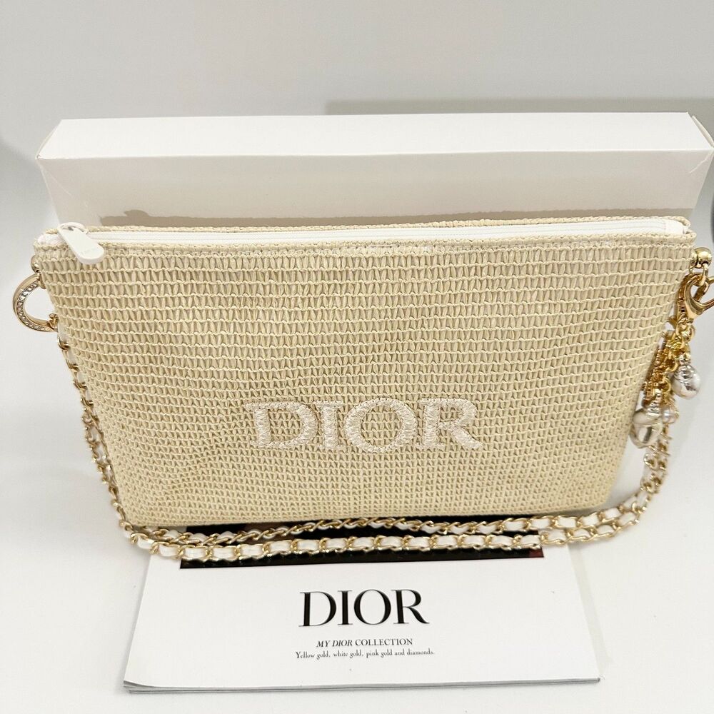 Dior Beige Embroidered Logo Cosmetic Pouch with Gold Chain - Picture 3 of 8